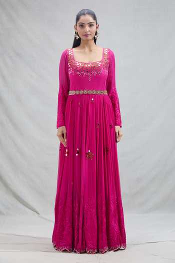 Yoshita Couture_Pink Mirrors, Stones, Embroidery, Metallic Thread Jaal Anarkali With Belt _Online_at_Aza_Fashions