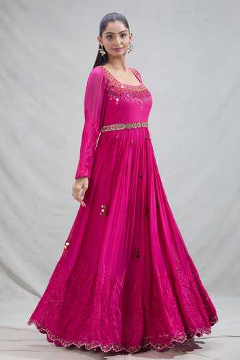 Buy_Yoshita Couture_Pink Mirrors, Stones, Embroidery, Metallic Thread Jaal Anarkali With Belt _Online_at_Aza_Fashions