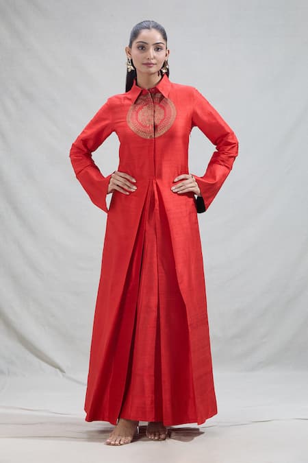 Payal Khandwala Brocade Motif Pleated Silk Shirt Dress 