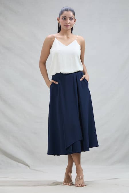 Rohit Gandhi + Rahul Khanna Solid Draped Midi Skirt With Pleats & Pockets 