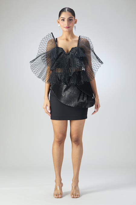Amit Aggarwal_Black Plunge Neck Structured Wings Crop Top _Online_at_Aza_Fashions