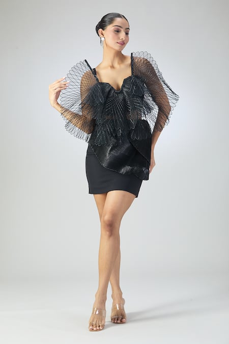 Buy_Amit Aggarwal_Black Plunge Neck Structured Wings Crop Top _Online_at_Aza_Fashions