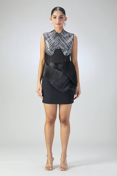 Amit Aggarwal Black Polyester Embroidery High Embellished Bodysuit And Pleated Peplum Skirt Set Online at Aza Fashions Amit Aggarwal_Black Polyester Embroidery High Embellished Bodysuit And Pleated Peplum Skirt Set_Online_at_Aza_Fashions