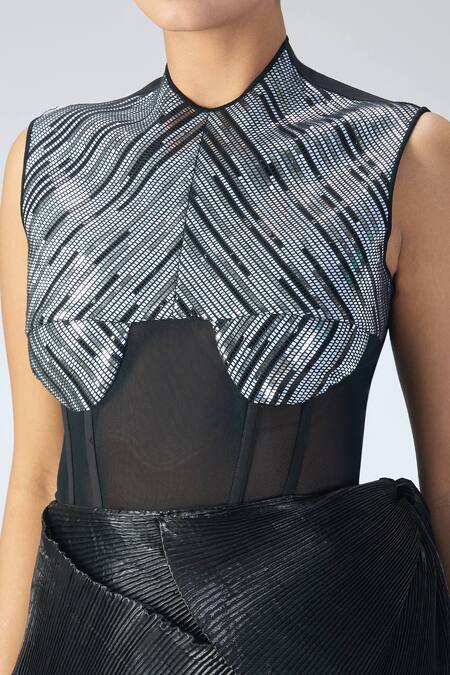 Amit Aggarwal Black Polyester Embroidery High Embellished Bodysuit And Pleated Peplum Skirt Set at Aza Fashions Amit Aggarwal_Black Polyester Embroidery High Embellished Bodysuit And Pleated Peplum Skirt Set_at_Aza_Fashions