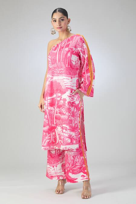 Kshitij Jalori_Ivory Cotton, Jersey Fringe One Shoulder Ranthambore Tunic And Pant Set_Online_at_Aza_Fashions