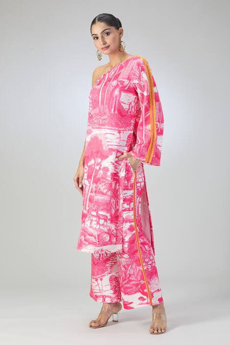 Buy_Kshitij Jalori_Ivory Cotton, Jersey Fringe One Shoulder Ranthambore Tunic And Pant Set_Online_at_Aza_Fashions