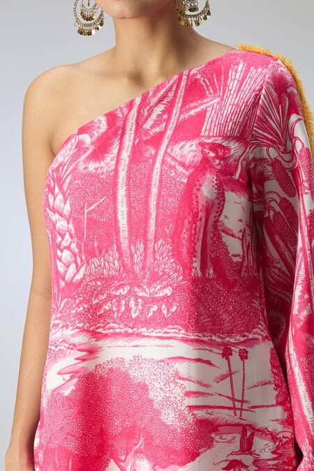 Shop_Kshitij Jalori_Ivory Cotton, Jersey Fringe One Shoulder Ranthambore Tunic And Pant Set_Online_at_Aza_Fashions