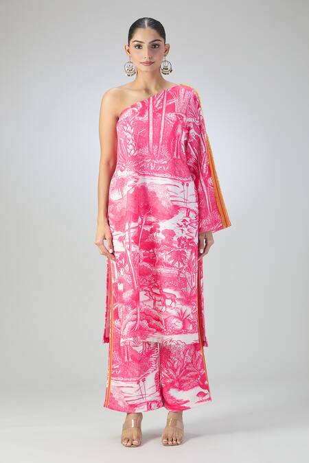 Buy_Kshitij Jalori_Ivory Cotton, Jersey Fringe One Shoulder Ranthambore Tunic And Pant Set