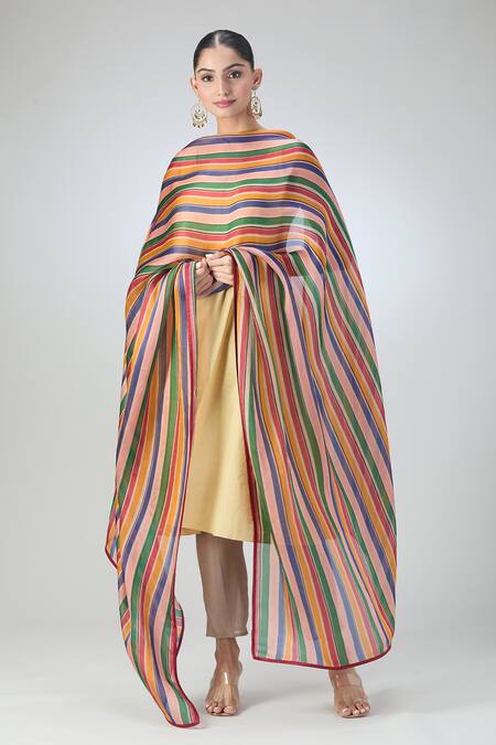 Kshitij Jalori Multi Color Silk Satin Organza Digital Print Striped Amer Dupatta Online at Aza Fashions Kshitij Jalori_Multi Color Silk Satin Organza Digital Print Striped Amer Dupatta_Online_at_Aza_Fashions