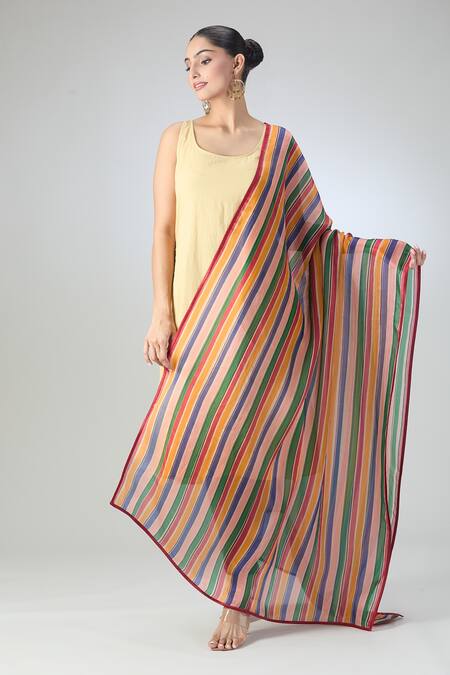 Shop Kshitij Jalori Multi Color Silk Satin Organza Digital Print Striped Amer Dupatta at Aza Fashions Shop_Kshitij Jalori_Multi Color Silk Satin Organza Digital Print Striped Amer Dupatta_at_Aza_Fashions