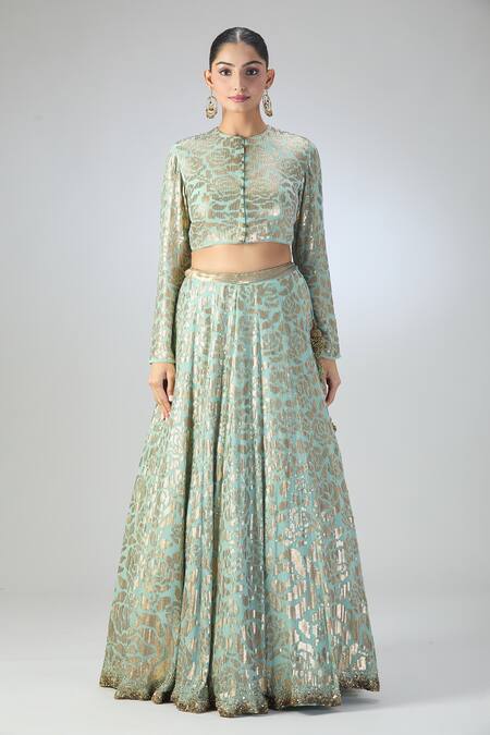 Buy Nakul Sen Blue Silk, Georgette Sequins High Neck Rose Embellished Lehenga Set Online at Aza Fashions Buy_Nakul Sen_Blue Silk, Georgette Sequins High Neck Rose Embellished Lehenga Set _Online_at_Aza_Fashions