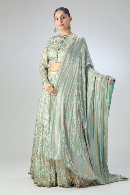 Shop Nakul Sen Blue Silk, Georgette Sequins High Neck Rose Embellished Lehenga Set Online at Aza Fashions Shop_Nakul Sen_Blue Silk, Georgette Sequins High Neck Rose Embellished Lehenga Set _Online_at_Aza_Fashions