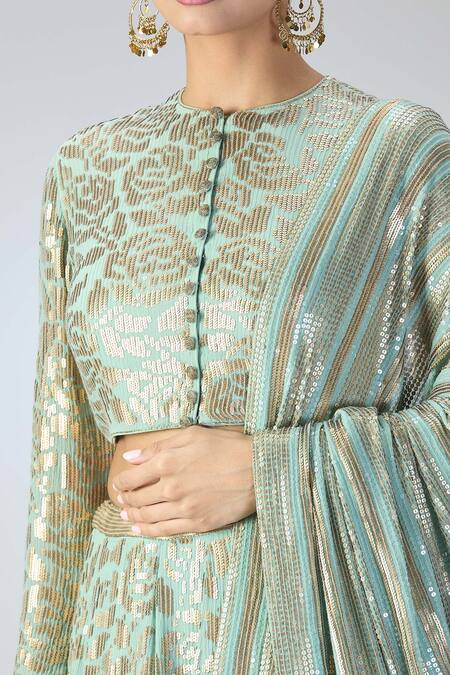 Nakul Sen Blue Silk, Georgette Sequins High Neck Rose Embellished Lehenga Set at Aza Fashions Nakul Sen_Blue Silk, Georgette Sequins High Neck Rose Embellished Lehenga Set _at_Aza_Fashions