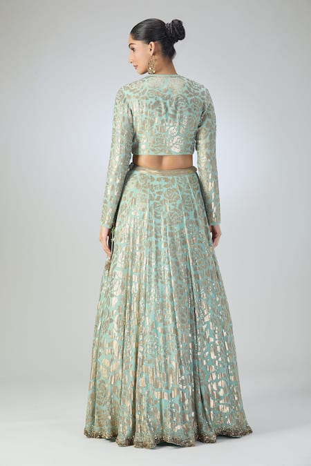 Shop Nakul Sen Blue Silk, Georgette Sequins High Neck Rose Embellished Lehenga Set at Aza Fashions Shop_Nakul Sen_Blue Silk, Georgette Sequins High Neck Rose Embellished Lehenga Set _at_Aza_Fashions