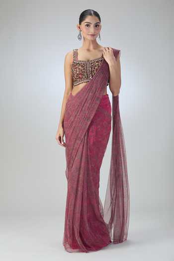 Pre-Draped 1-Minute Fuchsia Georgette with Neon Yellow Crepe Saree with Pearl Pendants and Blouse Fabric