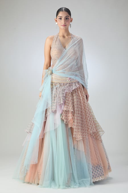 Tarun Tahiliani Layered Lehenga Embellished Blouse Set 