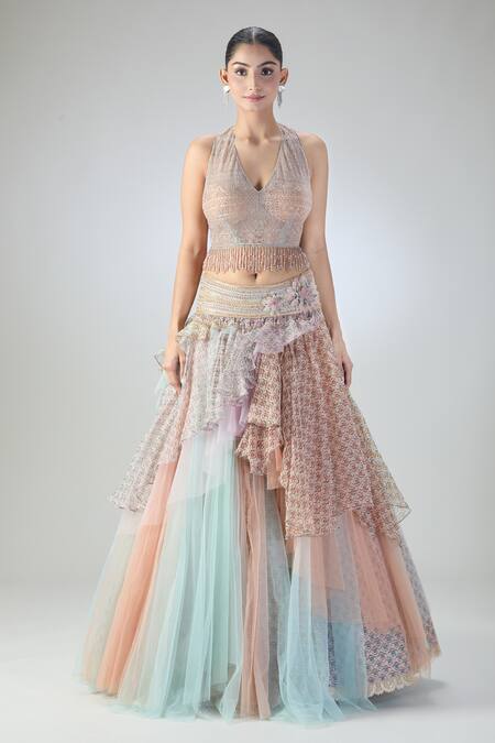 Tarun Tahiliani Multi Color Chiffon, Georgette, Net Layered Lehenga Embellished Blouse Set Online at Aza Fashions Tarun Tahiliani_Multi Color Chiffon, Georgette, Net Layered Lehenga Embellished Blouse Set_Online_at_Aza_Fashions
