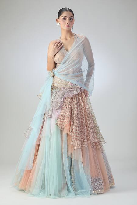 Buy Tarun Tahiliani Multi Color Chiffon, Georgette, Net Layered Lehenga Embellished Blouse Set Online at Aza Fashions Buy_Tarun Tahiliani_Multi Color Chiffon, Georgette, Net Layered Lehenga Embellished Blouse Set_Online_at_Aza_Fashions