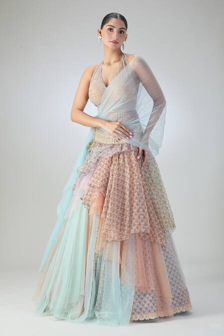 Shop Tarun Tahiliani Multi Color Chiffon, Georgette, Net Layered Lehenga Embellished Blouse Set Online at Aza Fashions Shop_Tarun Tahiliani_Multi Color Chiffon, Georgette, Net Layered Lehenga Embellished Blouse Set_Online_at_Aza_Fashions