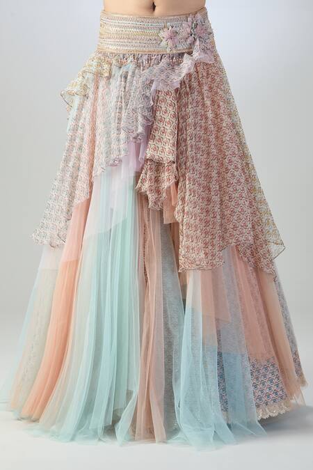 Buy Tarun Tahiliani Multi Color Chiffon, Georgette, Net Layered Lehenga Embellished Blouse Set Buy_Tarun Tahiliani_Multi Color Chiffon, Georgette, Net Layered Lehenga Embellished Blouse Set