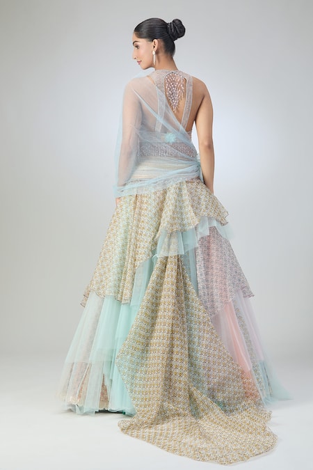 Shop Tarun Tahiliani Multi Color Chiffon, Georgette, Net Layered Lehenga Embellished Blouse Set at Aza Fashions Shop_Tarun Tahiliani_Multi Color Chiffon, Georgette, Net Layered Lehenga Embellished Blouse Set_at_Aza_Fashions