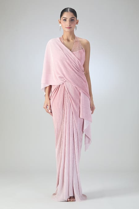Tarun Tahiliani_Pink Embellished Stone V Neck Pleated Textured Draped Dress _Online_at_Aza_Fashions