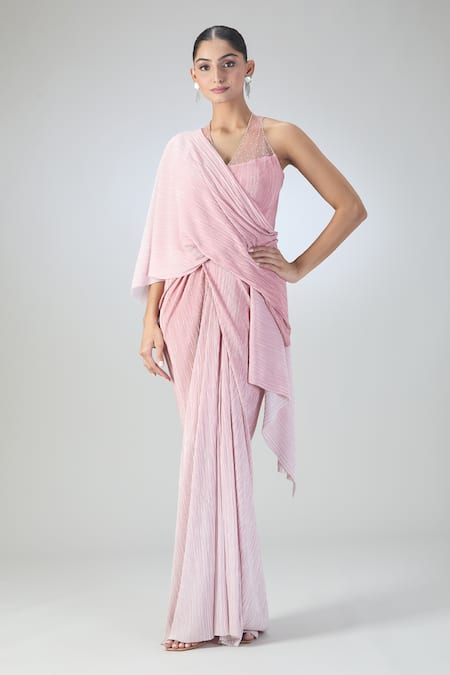 Buy_Tarun Tahiliani_Pink Embellished Stone V Neck Pleated Textured Draped Dress _Online_at_Aza_Fashions