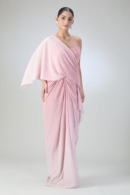 Shop_Tarun Tahiliani_Pink Embellished Stone V Neck Pleated Textured Draped Dress _Online_at_Aza_Fashions