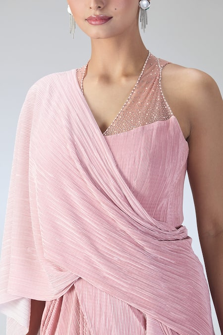 Tarun Tahiliani_Pink Embellished Stone V Neck Pleated Textured Draped Dress _at_Aza_Fashions