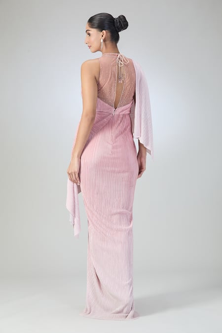 Shop_Tarun Tahiliani_Pink Embellished Stone V Neck Pleated Textured Draped Dress _at_Aza_Fashions
