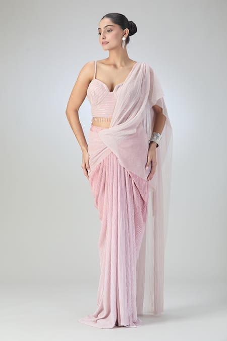 Tarun Tahiliani Pink Embroidered Sequin Sweetheart Pre-draped Saree With Blouse