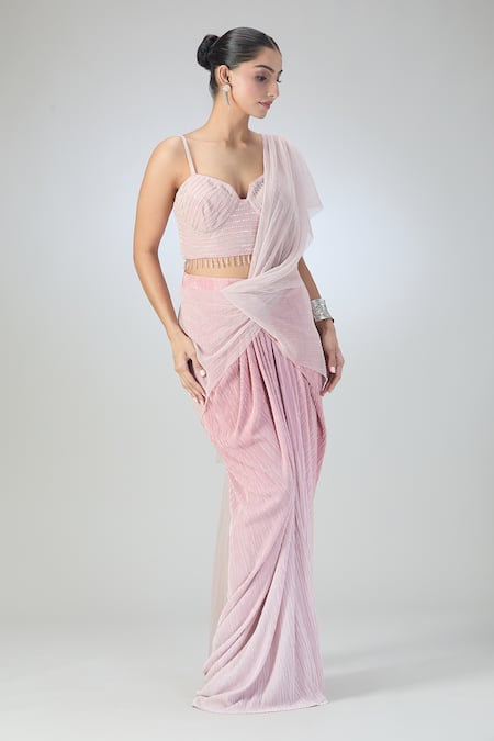 Tarun Tahiliani Pink Georgette Sequins Sweetheart Neck Pre-draped Saree With Blouse Online at Aza Fashions Tarun Tahiliani_Pink Georgette Sequins Sweetheart Neck Pre-draped Saree With Blouse _Online_at_Aza_Fashions