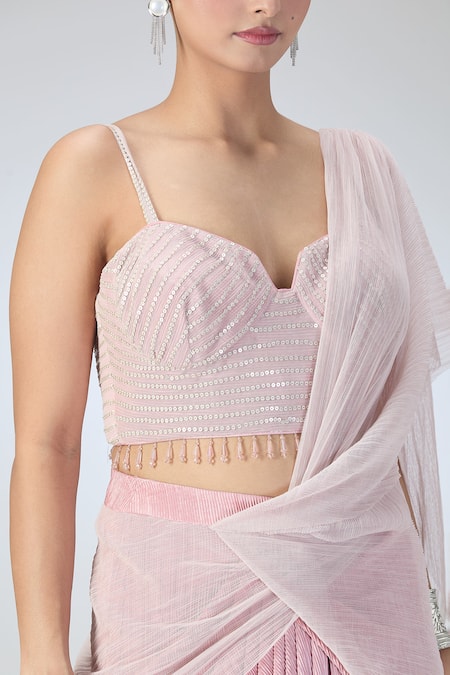 Shop Tarun Tahiliani Pink Georgette Sequins Sweetheart Neck Pre-draped Saree With Blouse Online at Aza Fashions Shop_Tarun Tahiliani_Pink Georgette Sequins Sweetheart Neck Pre-draped Saree With Blouse _Online_at_Aza_Fashions