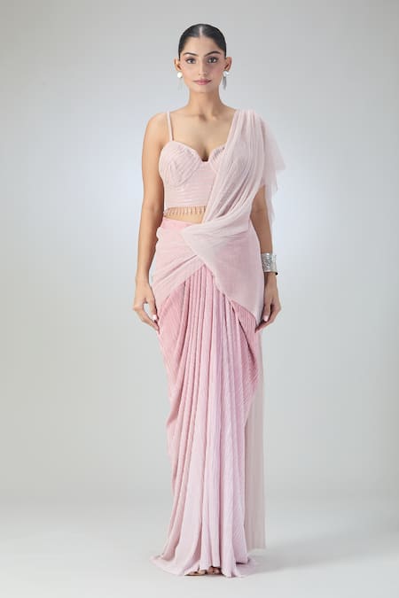Tarun Tahiliani Pink Georgette Sequins Sweetheart Neck Pre-draped Saree With Blouse at Aza Fashions Tarun Tahiliani_Pink Georgette Sequins Sweetheart Neck Pre-draped Saree With Blouse _at_Aza_Fashions