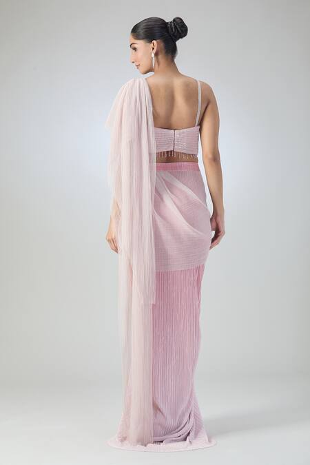 Shop Tarun Tahiliani Pink Georgette Sequins Sweetheart Neck Pre-draped Saree With Blouse at Aza Fashions Shop_Tarun Tahiliani_Pink Georgette Sequins Sweetheart Neck Pre-draped Saree With Blouse _at_Aza_Fashions
