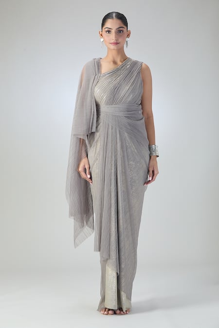Buy Tarun Tahiliani Grey Embroidered Sequin Asymmetric V Shimmer Draped Dress Online at Aza Fashions Buy_Tarun Tahiliani_Grey Embroidered Sequin Asymmetric V Shimmer Draped Dress _Online_at_Aza_Fashions
