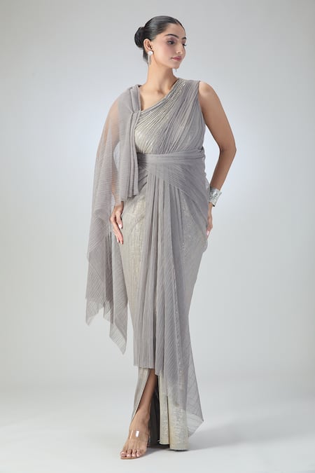 Shop Tarun Tahiliani Grey Embroidered Sequin Asymmetric V Shimmer Draped Dress Online at Aza Fashions Shop_Tarun Tahiliani_Grey Embroidered Sequin Asymmetric V Shimmer Draped Dress _Online_at_Aza_Fashions