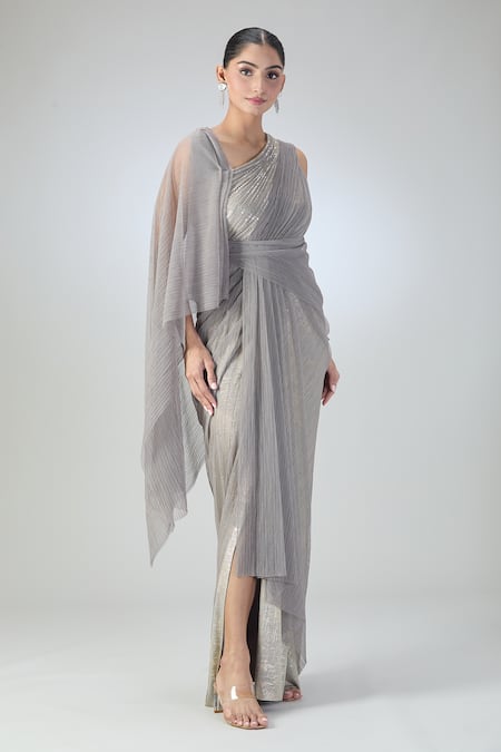 Tarun Tahiliani Grey Embroidered Sequin Asymmetric V Shimmer Draped Dress at Aza Fashions Tarun Tahiliani_Grey Embroidered Sequin Asymmetric V Shimmer Draped Dress _at_Aza_Fashions