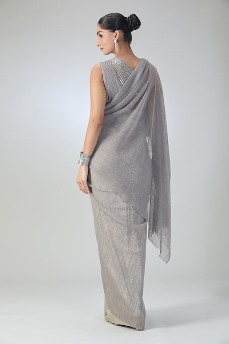 Shop Tarun Tahiliani Grey Embroidered Sequin Asymmetric V Shimmer Draped Dress at Aza Fashions Shop_Tarun Tahiliani_Grey Embroidered Sequin Asymmetric V Shimmer Draped Dress _at_Aza_Fashions