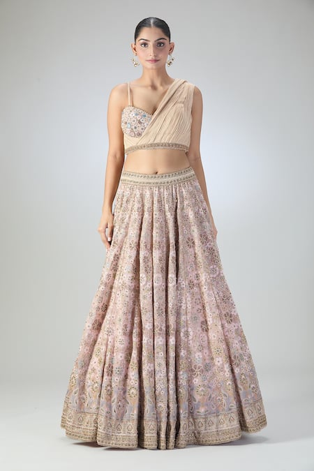 Tarun Tahiliani Peach Embroidery, Stones Asymmetric Floral Lehenga And Draped Blouse Set Online at Aza Fashions Tarun Tahiliani_Peach Embroidery, Stones Asymmetric Floral Lehenga And Draped Blouse Set_Online_at_Aza_Fashions