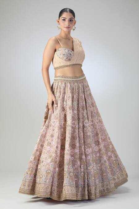 Buy Tarun Tahiliani Peach Embroidery, Stones Asymmetric Floral Lehenga And Draped Blouse Set Online at Aza Fashions Buy_Tarun Tahiliani_Peach Embroidery, Stones Asymmetric Floral Lehenga And Draped Blouse Set_Online_at_Aza_Fashions