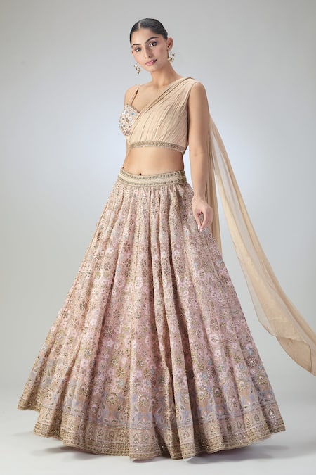 Shop Tarun Tahiliani Peach Embroidery, Stones Asymmetric Floral Lehenga And Draped Blouse Set Online at Aza Fashions Shop_Tarun Tahiliani_Peach Embroidery, Stones Asymmetric Floral Lehenga And Draped Blouse Set_Online_at_Aza_Fashions