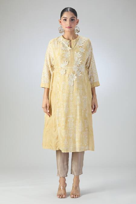 Varun Nidhika_Yellow Silk, Chanderi Embroidery Split V-neck Floral Print And Applique Work Tunic_Online_at_Aza_Fashions
