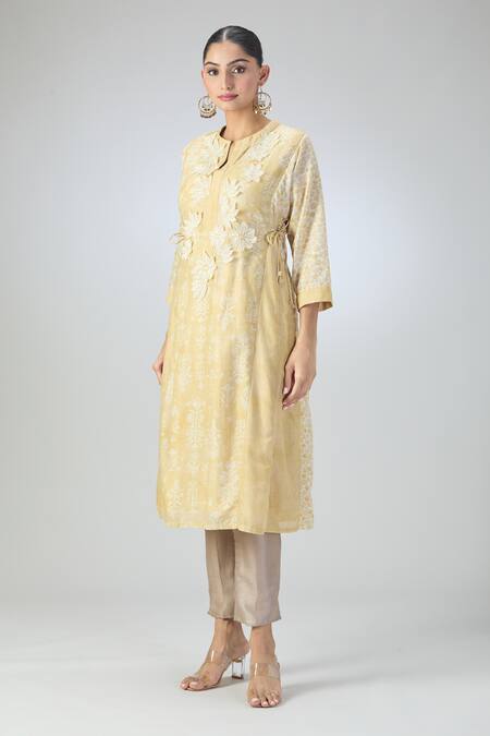 Buy_Varun Nidhika_Yellow Silk, Chanderi Embroidery Split V-neck Floral Print And Applique Work Tunic_Online_at_Aza_Fashions