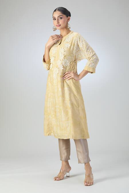 Shop_Varun Nidhika_Yellow Silk, Chanderi Embroidery Split V-neck Floral Print And Applique Work Tunic_Online_at_Aza_Fashions