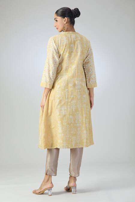 Shop_Varun Nidhika_Yellow Silk, Chanderi Embroidery Split V-neck Floral Print And Applique Work Tunic_at_Aza_Fashions