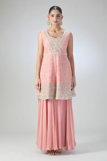 Varun Nidhika_Pink Chiffon Embroidery, Sequins Collared Short Anarkali Sharara Set_Online_at_Aza_Fashions