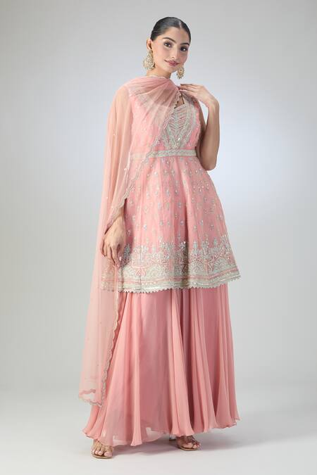 Buy_Varun Nidhika_Pink Chiffon Embroidery, Sequins Collared Short Anarkali Sharara Set_Online_at_Aza_Fashions