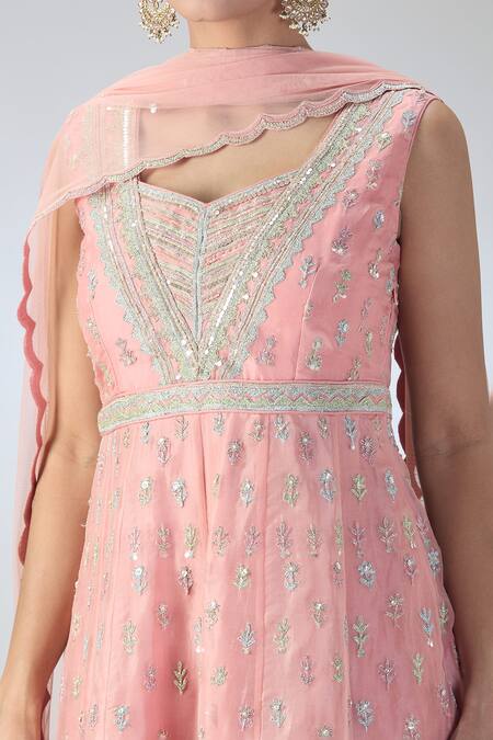 Shop_Varun Nidhika_Pink Chiffon Embroidery, Sequins Collared Short Anarkali Sharara Set_Online_at_Aza_Fashions