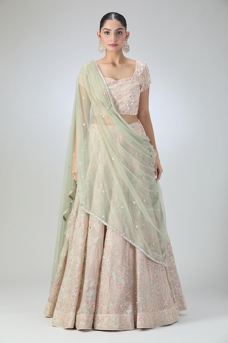 Buy_Varun Nidhika_Pink Silk, Chiffon Sequins, Beads, Embroidery Sweetheart Neck Vine Lehenga Set _Online_at_Aza_Fashions